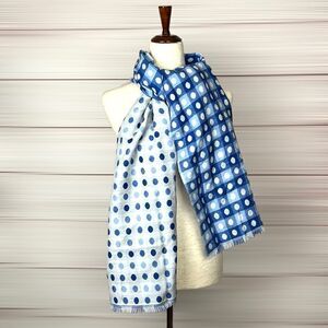 NWT TALBOTS Wool Blend Blue White Polka Dot Check Fringe Trim Wrap Scarf